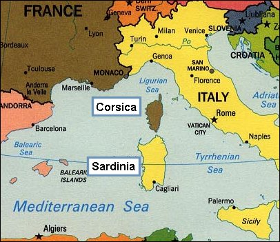 Map of Italy, Corsica, and Sardinia